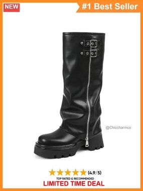 Faux Leather Platform Knee High Fold Over Boots Combat Motorcycle